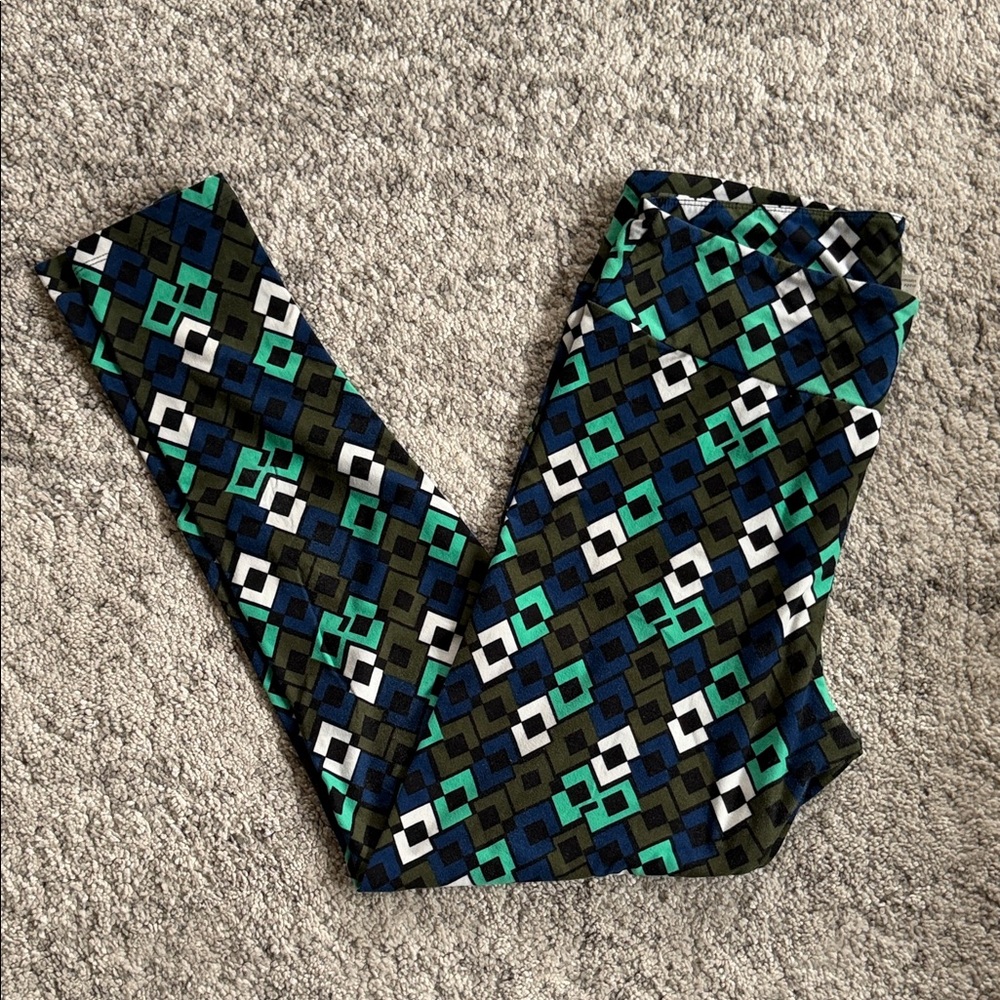 LuLaRoe Kids Leggings with Blue and Green Geometric Design